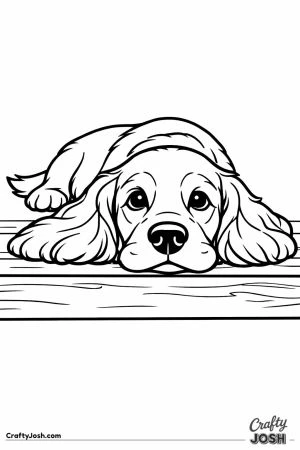 English cocker spaniel resting its chin on a low step