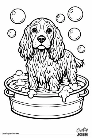 English cocker spaniel standing in a tub having a bath
