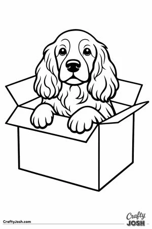 English cocker spaniel with its paws over the edge of a box