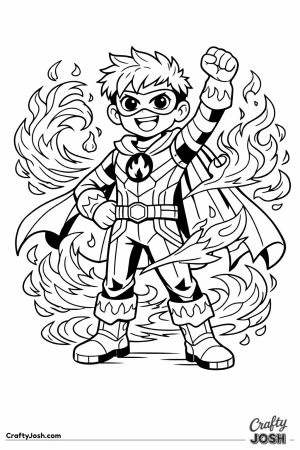 Fire Defender, a confident teenage superhero, stands heroically with one fist raised as magical flames swirl safely around him.