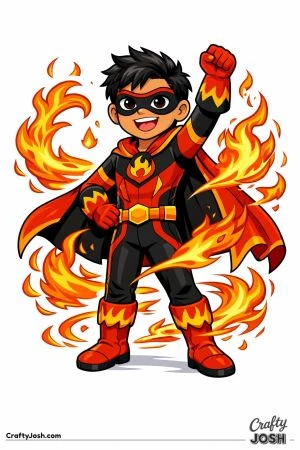 Fire Defender, a confident teenage superhero, stands heroically with one fist raised as magical flames swirl safely around him.
