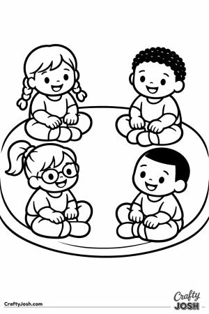Four children sitting cross legged in a carpet circle