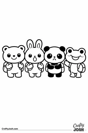 Four kawaii animal pupils standing in a row