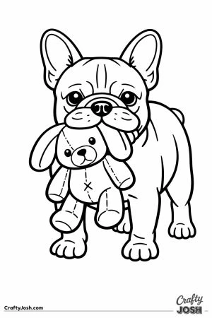 French bulldog carrying a soft toy in its mouth