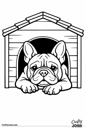 French bulldog lying in a kennel with its head out