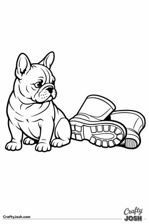 French bulldog sitting beside a pair of toppled boots