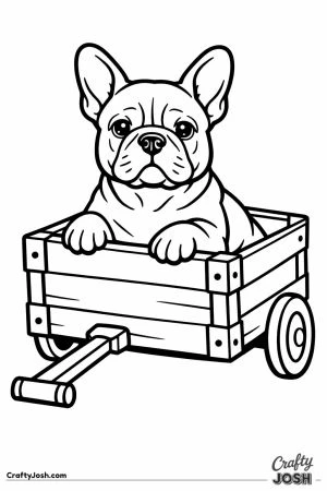 French bulldog sitting in a small wooden cart