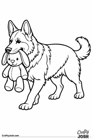 German shepherd carrying a soft toy in its mouth