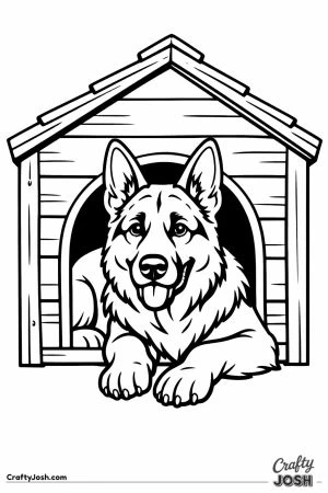 German shepherd lying in a kennel with its head out