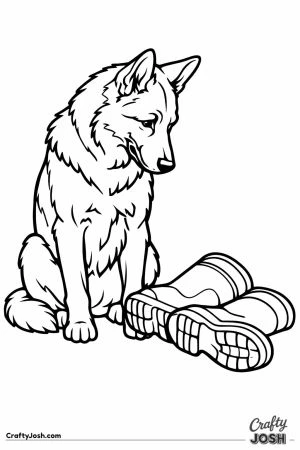 German shepherd sitting beside a pair of toppled boots