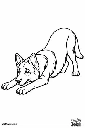German shepherd stretching with its chest to the ground