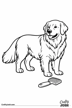 Golden retriever beside a brush with its tail freshly groomed