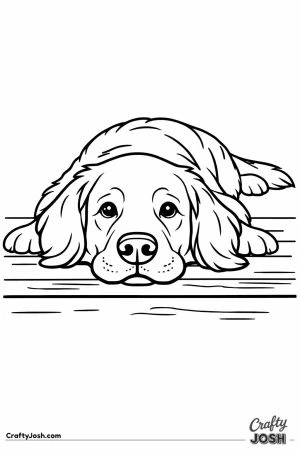 Golden retriever resting its chin on a low step