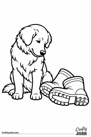 Golden retriever sitting beside a pair of toppled boots