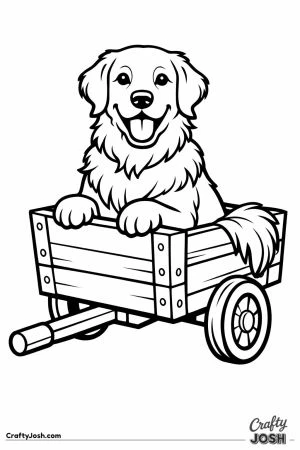 Golden retriever sitting in a small wooden cart