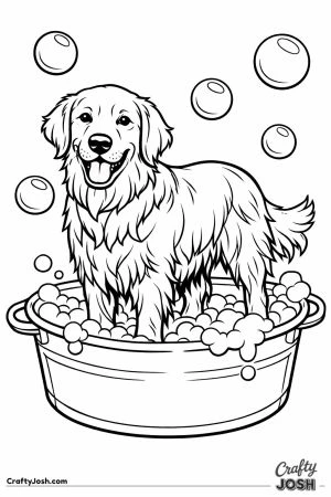 Golden retriever standing in a tub having a bath