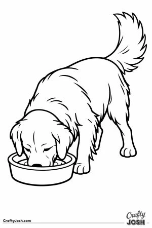 Golden retriever with its head lowered into a food bowl