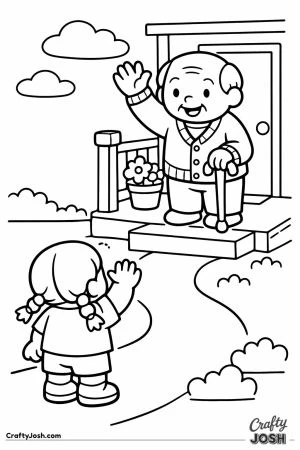 Grandparent with a cane waving from the porch