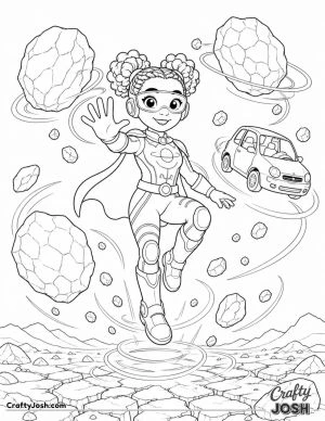 A confident superhero floats above a cracked rocky landscape while using gravity powers to lift giant boulders, a small car, and loose stones around ..