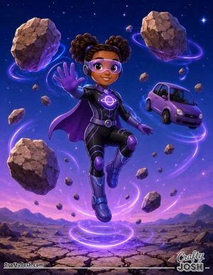 A confident superhero floats above a cracked rocky landscape while using gravity powers to lift giant boulders, a small car, and loose stones around ..