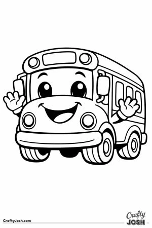 Happy school bus character waving two little arms
