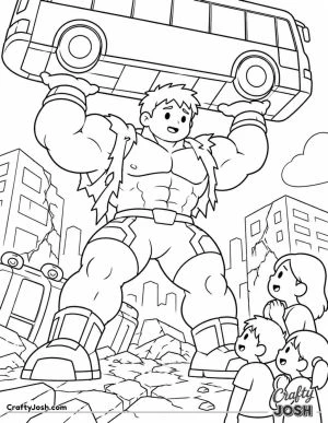 A giant superhero carefully lifts a bus above his head while protecting a family in a damaged city with cracked streets and broken buildings