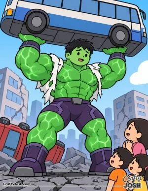 A giant superhero carefully lifts a bus above his head while protecting a family in a damaged city with cracked streets and broken buildings