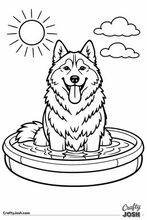 Husky cooling off in a paddling pool with its tongue out