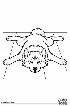 Husky flattened belly down on the cool kitchen tiles