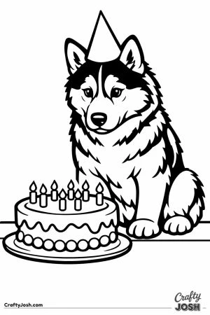 Husky in a party hat eyeing up the birthday cake