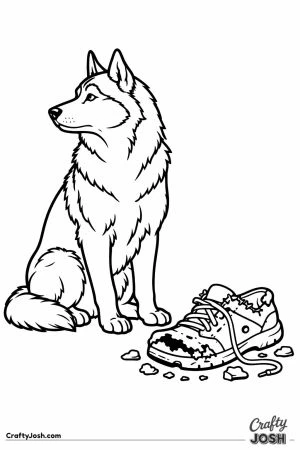 Husky looking away from the shoe it clearly chewed