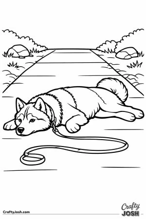 Husky lying flat on the path refusing to walk any further