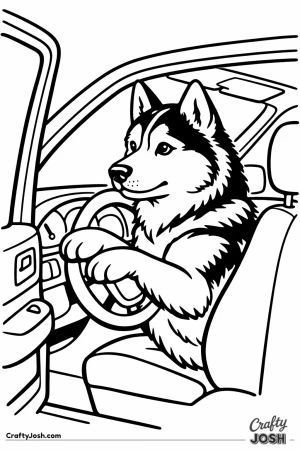 Husky sitting behind the steering wheel of a parked car
