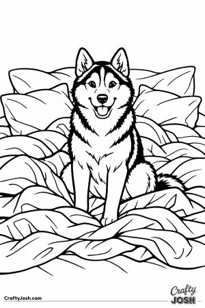 Husky sitting in a nest of blankets it dragged onto the bed