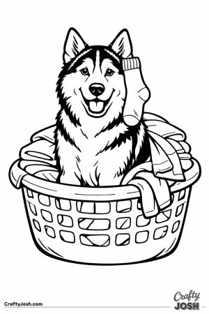 Husky sitting in the laundry basket with a sock on its ear