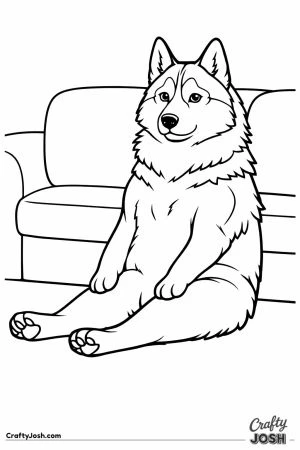 Husky sitting propped against the sofa like a person