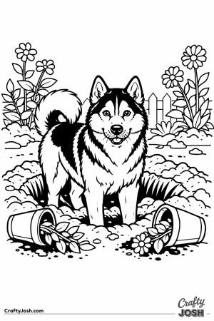 Husky standing in the hole it just dug in the garden