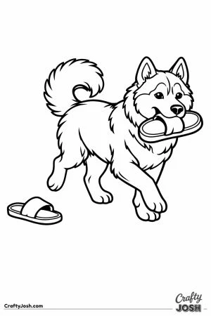 Husky trotting off with one slipper and leaving the other