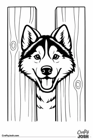 Husky with its head poking through a gap in the fence