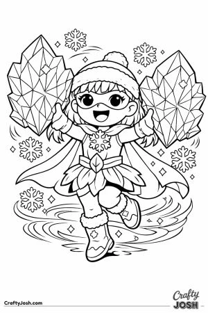 Ice Protector, a brave superhero girl, raises giant crystal shields as snowflakes swirl around her.