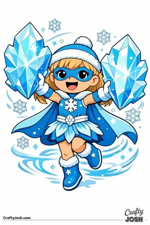 Ice Protector, a brave superhero girl, raises giant crystal shields as snowflakes swirl around her.