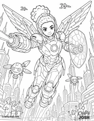 A powerful tech armor hero flies high above a futuristic city with mechanical wings, helpful robot drones, an energy shield, and a glowing beam
