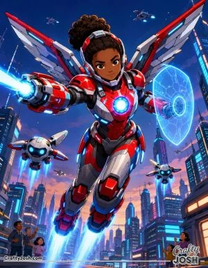 A powerful tech armor hero flies high above a futuristic city with mechanical wings, helpful robot drones, an energy shield, and a glowing beam
