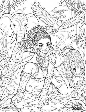 A young superhero crouches in a jungle clearing as a glowing cheetah, a protective elephant spirit, and a soaring eagle surround her with magical ..