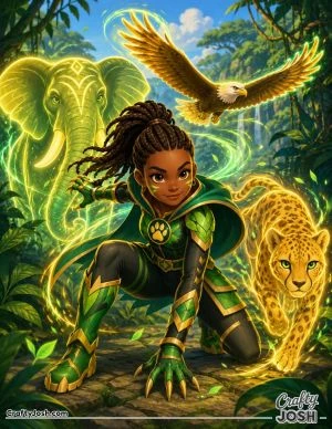 A young superhero crouches in a jungle clearing as a glowing cheetah, a protective elephant spirit, and a soaring eagle surround her with magical ..