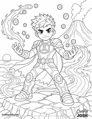 A courageous young superhero stands on volcanic rocks while guiding glowing streams of lava and floating molten stones with calm control