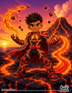 A courageous young superhero stands on volcanic rocks while guiding glowing streams of lava and floating molten stones with calm control