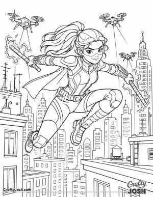 A fearless superhero leaps between city rooftops while carrying electrified batons as drones chase her through the nighttime skyline