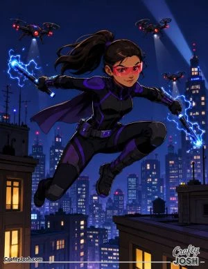 A fearless superhero leaps between city rooftops while carrying electrified batons as drones chase her through the nighttime skyline