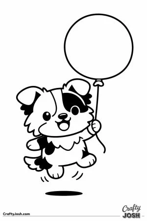Kawaii border collie holding a big balloon